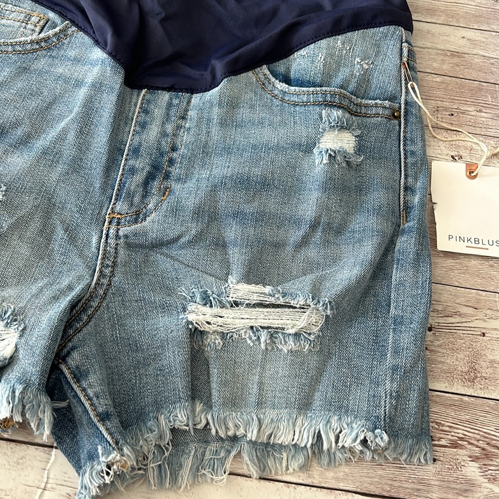 Pinkblush Medium Wash Distressed Raw Hem Full Panel Maternity Shorts - Picture 5 of 9